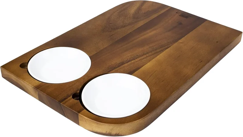 BILLI Billi Wooden Serving Board With 2 Pcs Ceramic Dip Bowl, Wooden Steak Plate Food Platter, Brown/White